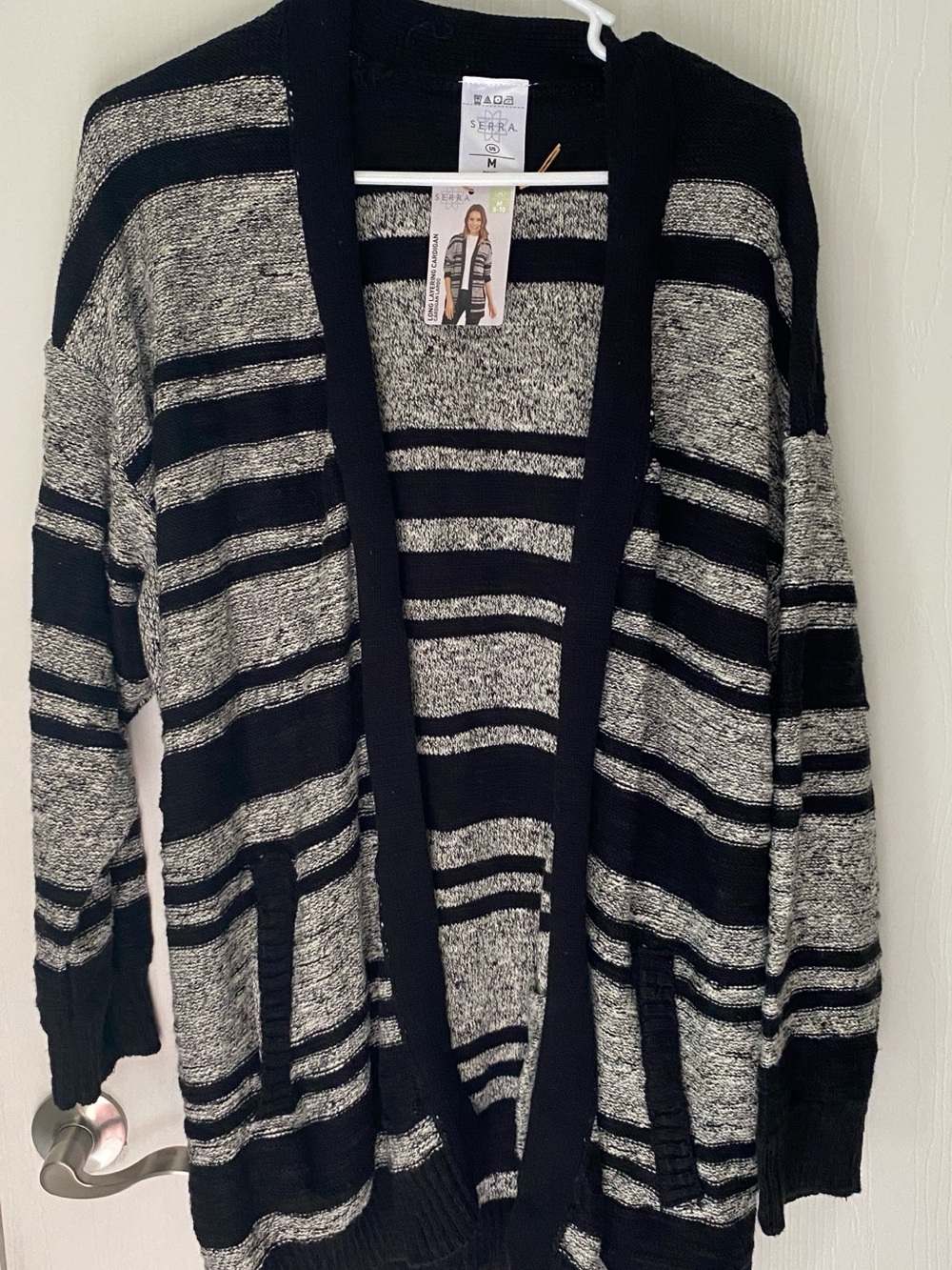 Serra Long Layering Cardigan Medium Black White Striped Open Front Sweater NWT